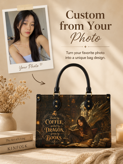 Custom Photo Leather Handbag - Personalized Book Coffee Dragon Girl Handbag
