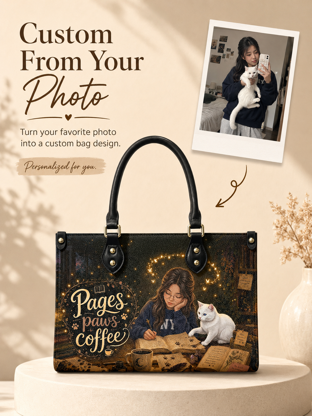 Custom Photo Leather Handbag - Personalized Book, Cat, Coffee Girl Handbag