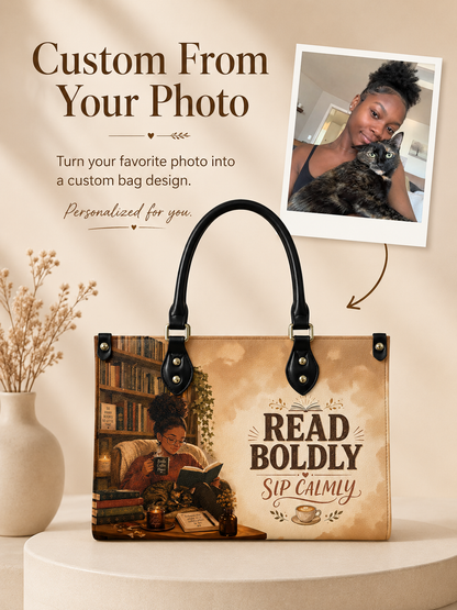 Custom Photo Leather Handbag - Personalized Book, Cat, Coffee Girl Handbag