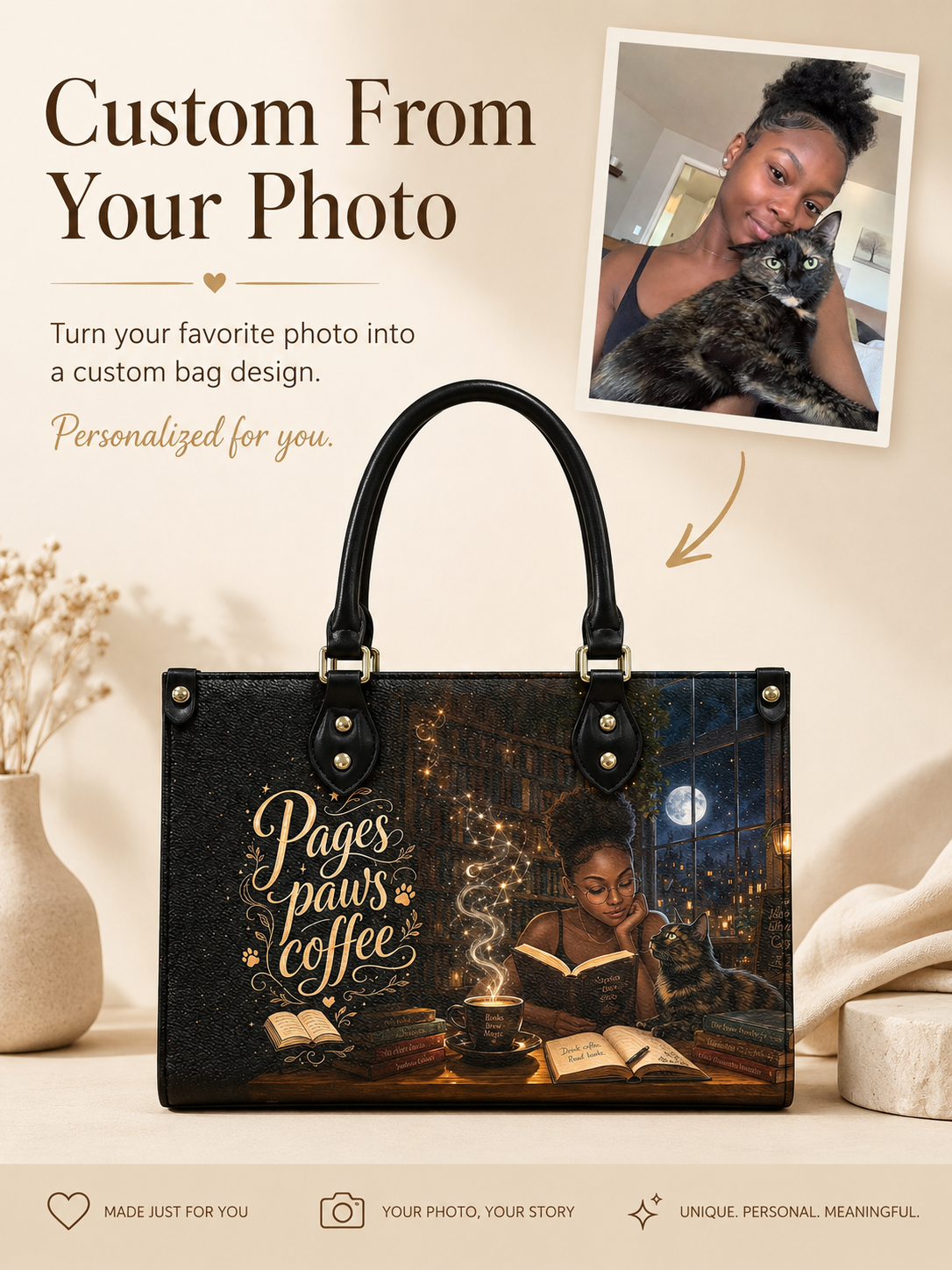Custom Photo Leather Handbag - Personalized Cat, Book, Coffee Girl Handbag