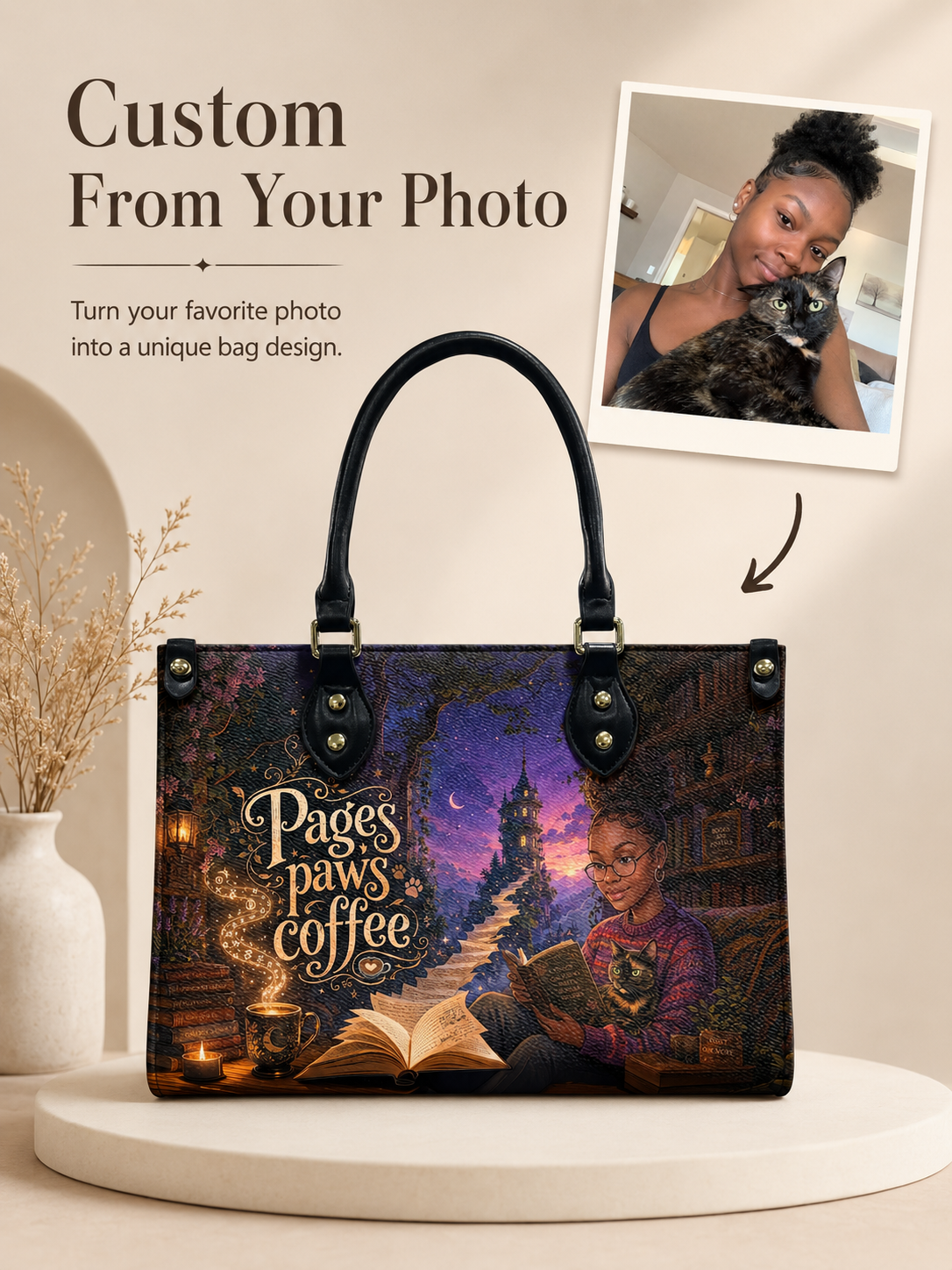 Custom Photo Leather Handbag - Personalized Cat, Book, Coffee Woman Handbag