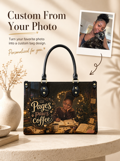 Custom Photo Leather Handbag - Personalized Book, Cat, Coffee Girl Handbag