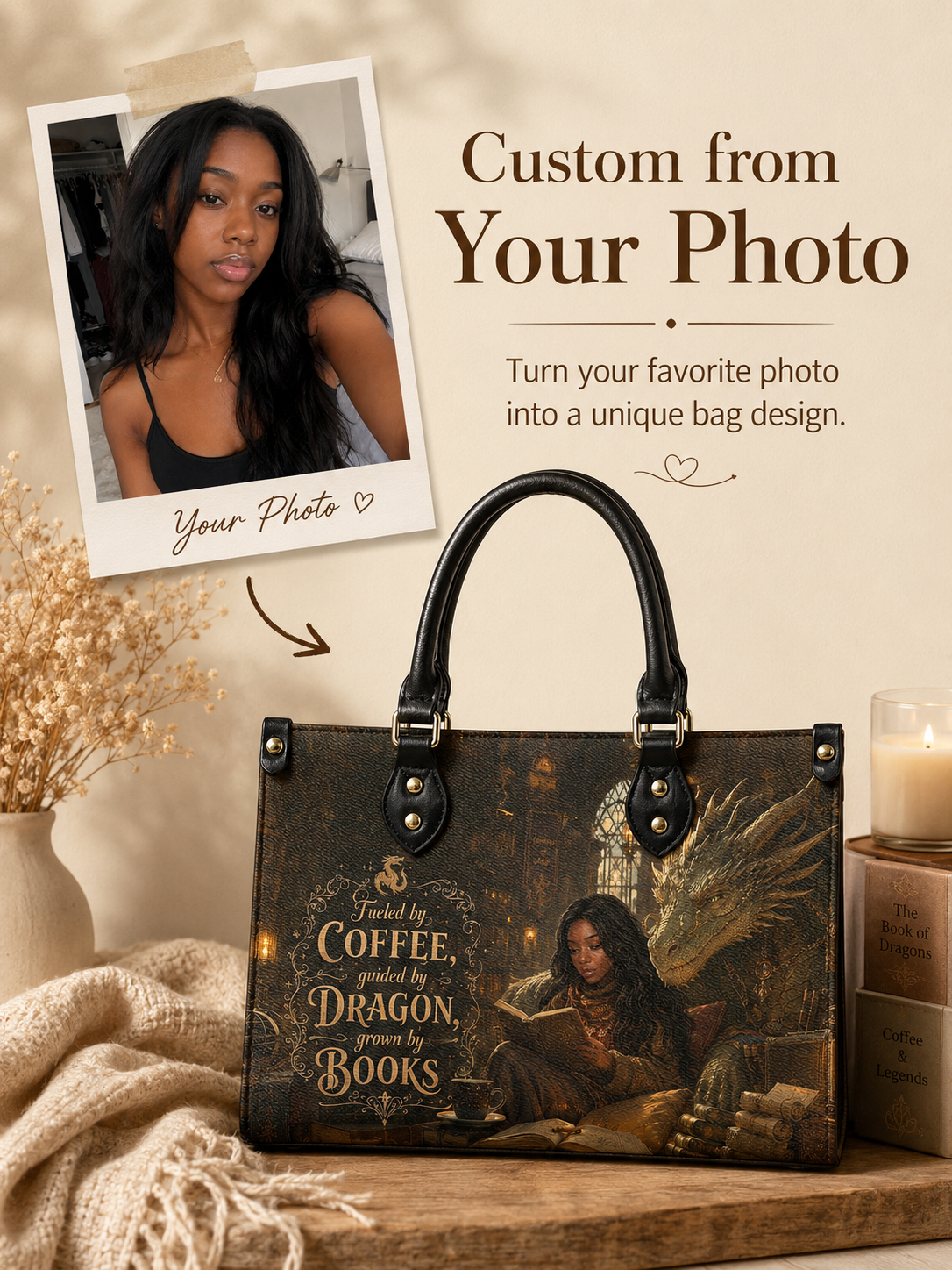 Custom Photo Leather Handbag - Personalized Book Coffee Dragon Girl Handbag