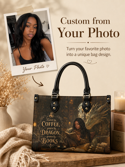 Custom Photo Leather Handbag - Personalized Book Coffee Dragon Girl Handbag