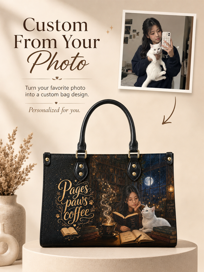 Custom Photo Leather Handbag - Personalized Cat, Book, Coffee Girl Handbag