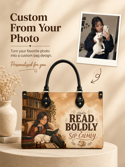 Custom Photo Leather Handbag - Personalized Book, Cat, Coffee Girl Handbag
