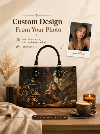 Custom Photo Leather Handbag - Personalized Book Coffee Dragon Girl Handbag