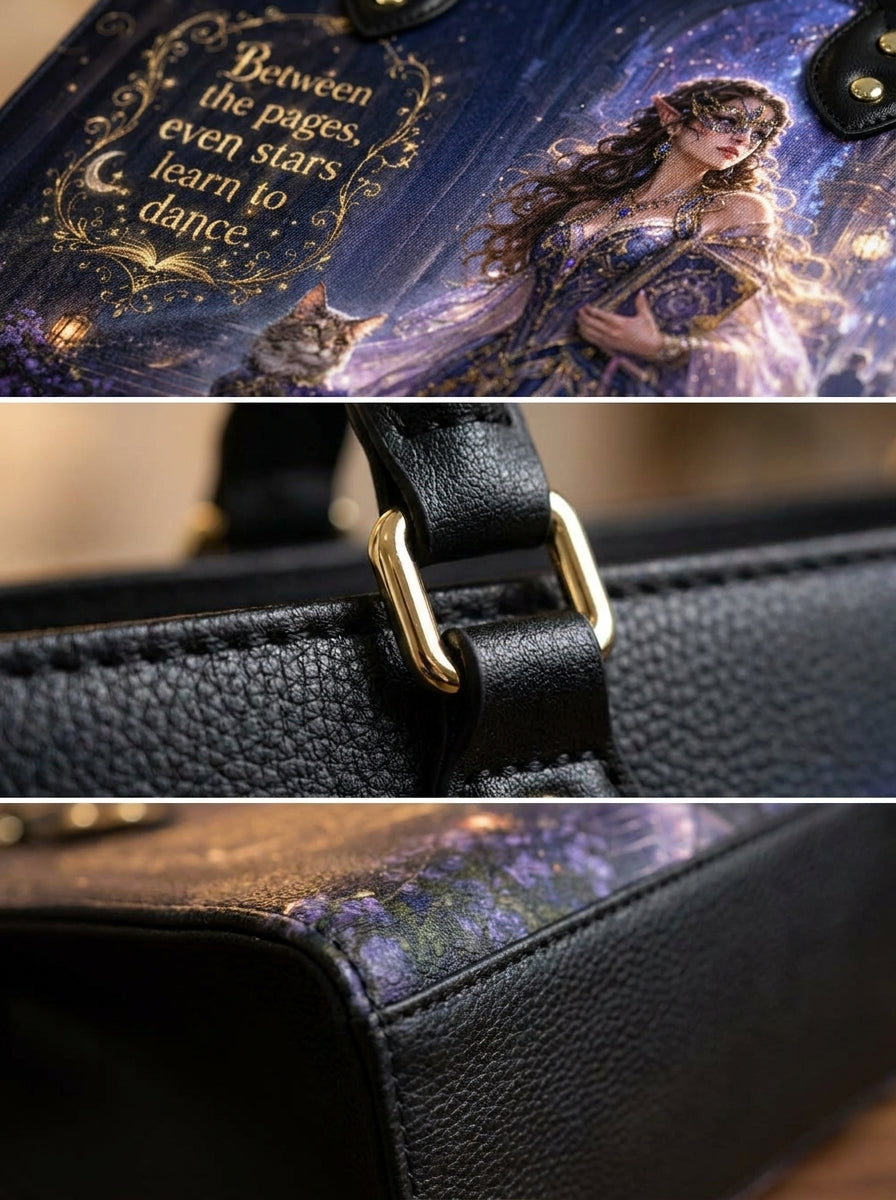 Custom Photo Leather Handbag - Personalized Book Girl with Cat Tote Bag