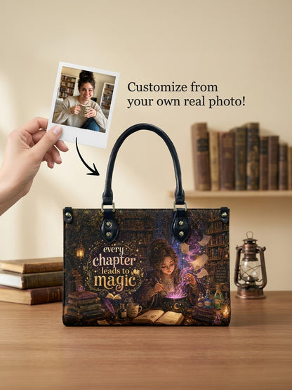 Custom Photo Leather Handbag - Personalized Book Lover Tote with Secure Zipper
