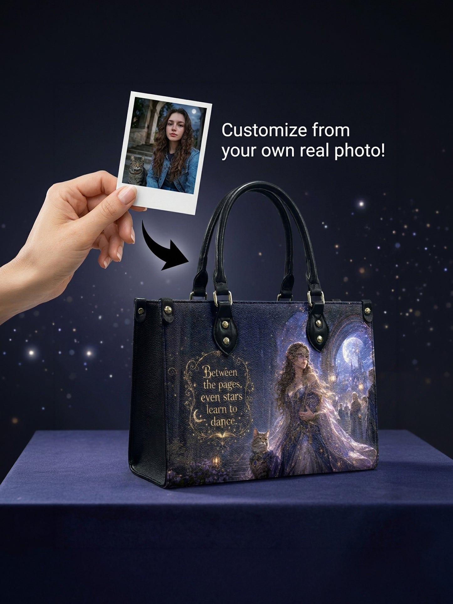 Custom Photo Leather Handbag - Personalized Book Girl with Cat Tote Bag
