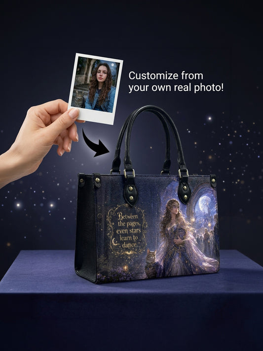 Custom Photo Leather Handbag - Personalized Book Girl with Cat Tote Bag