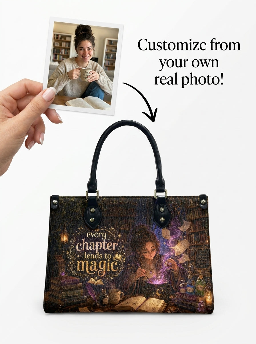 Custom Photo Leather Handbag - Personalized Book Lover Tote with Secure Zipper