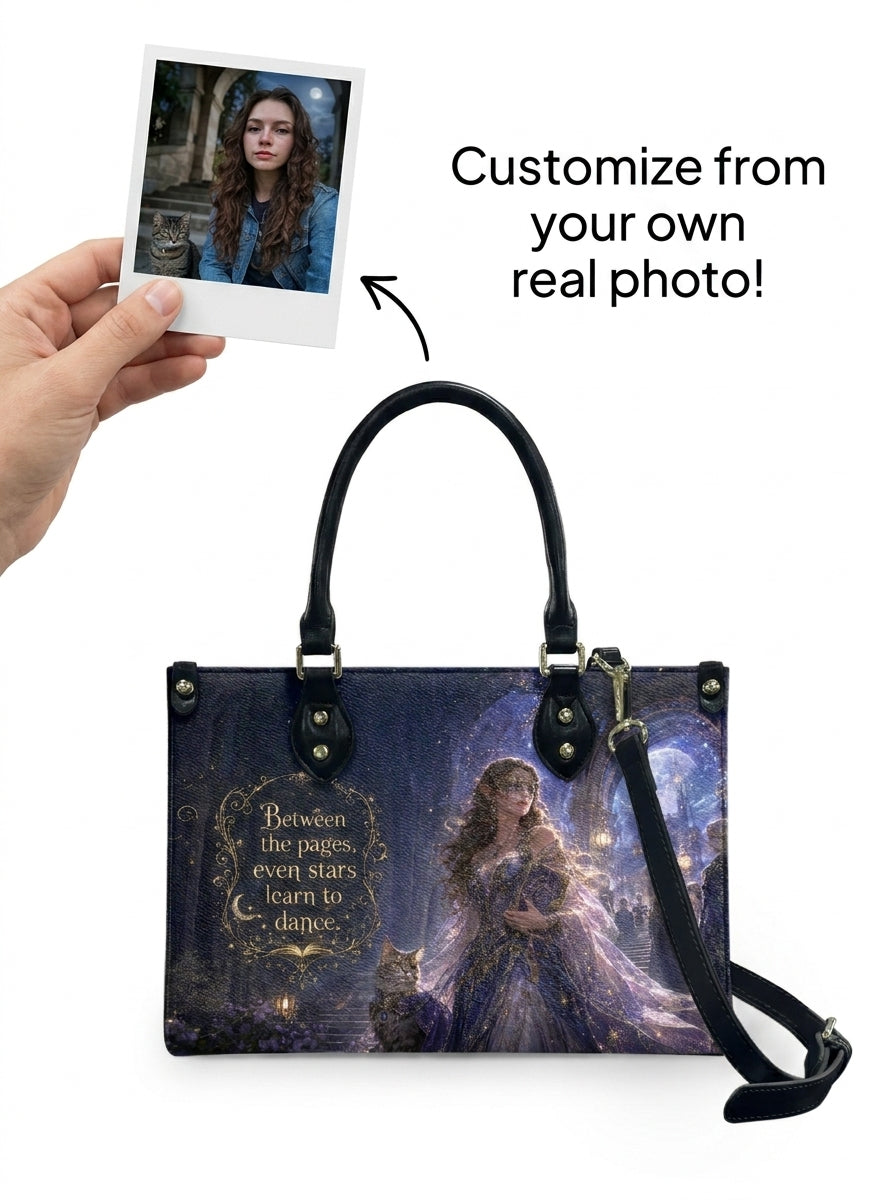 Custom Photo Leather Handbag - Personalized Book Girl with Cat Tote Bag