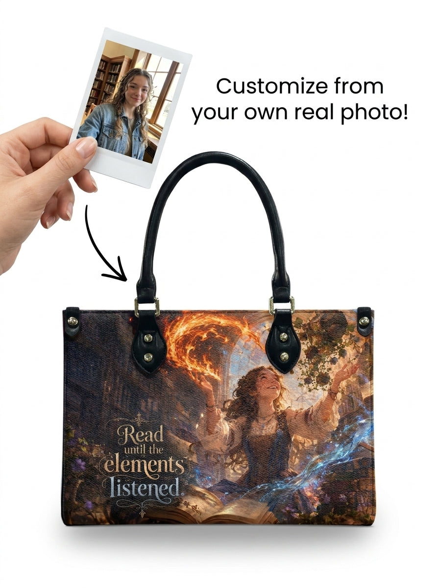 Custom Photo Leather Handbag - Custom Printed Magical Book Lover Witch Bag