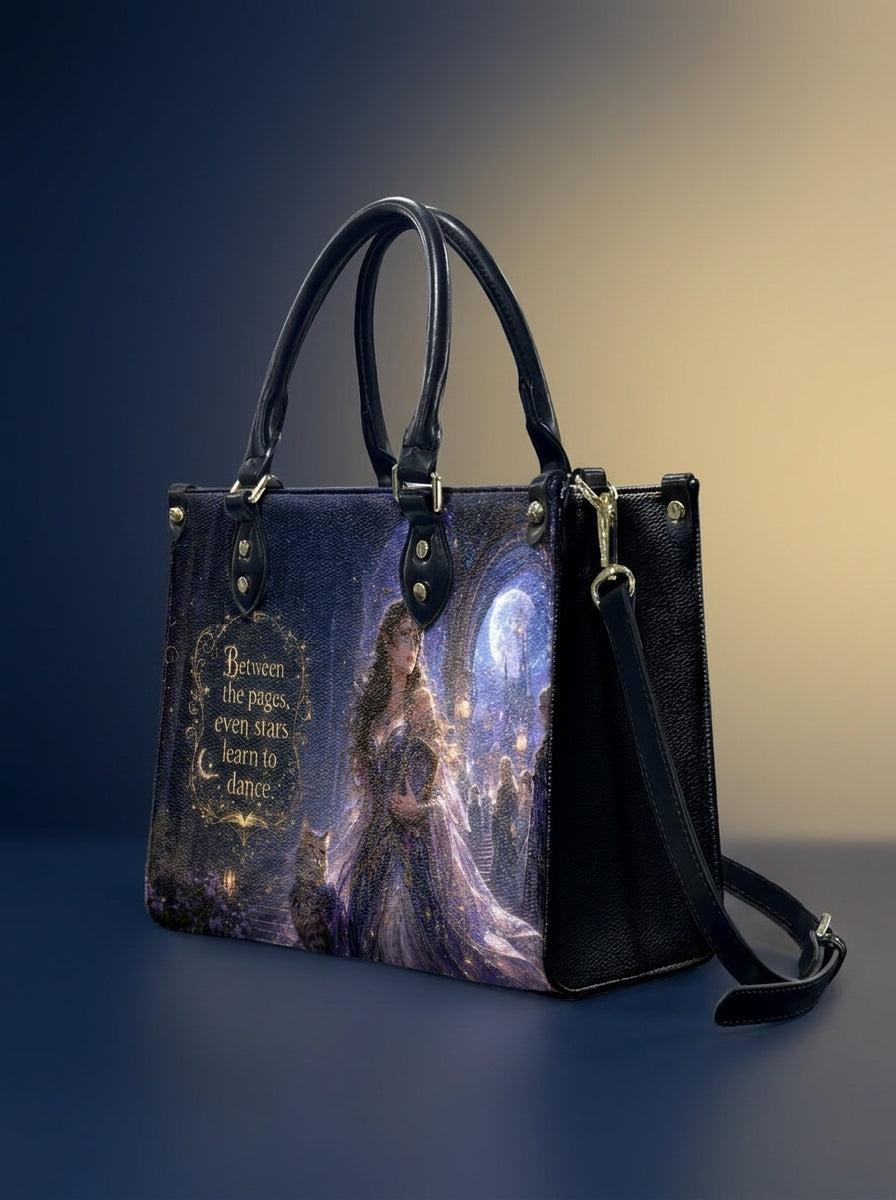 Custom Photo Leather Handbag - Personalized Book Girl with Cat Tote Bag